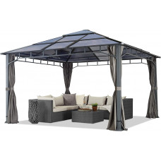 Cenador de jardín 4x4 m Aluminio Techo de policarbonato Aprox. 8 mm cenador de jardín 4 Cortinas Laterales Color Gris 